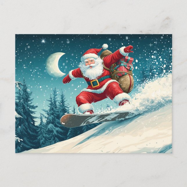 Santa delivering Christmas presents on a snowboard Holiday Postcard (Front)