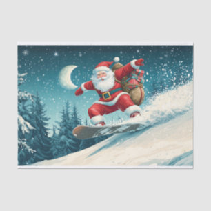 Santa delivering Christmas presents on a snowboard Tissue Paper