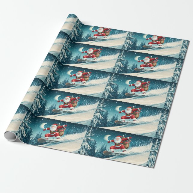 Santa delivering Christmas presents on a snowboard Wrapping Paper (Unrolled)