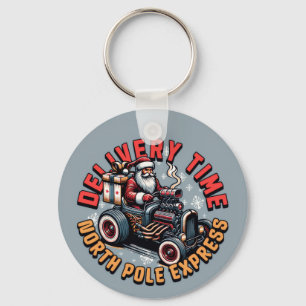 Santa delivering gifts in a classic hot rod. key ring