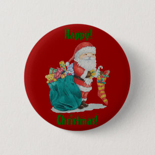 santa delivering gifts in sack for christmas 6 cm round badge