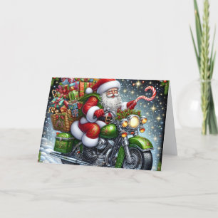 Santa Delivering Packages on Green Motorcycle Holiday Card