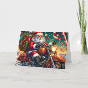 Santa Delivering Packages on Motorcycle Holiday Card