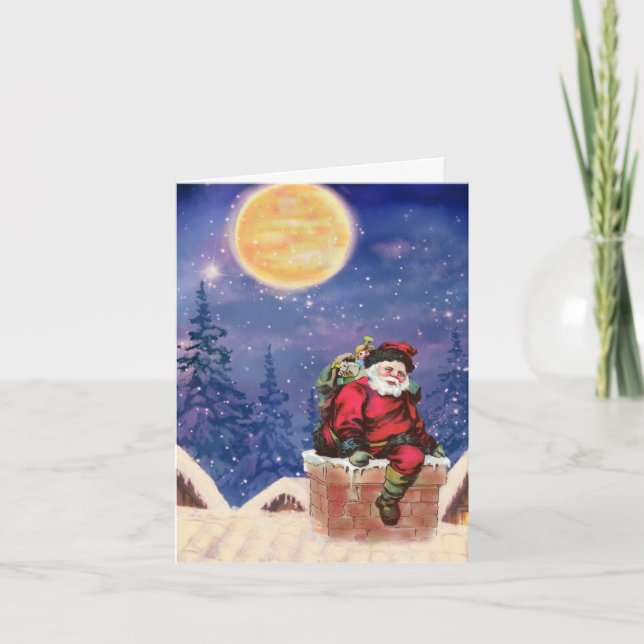 Santa Delivering Presents by Moonlight Holiday Card (Front)