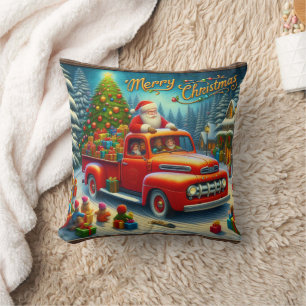 Santa delivers gifts in a snowy winter wonderland cushion