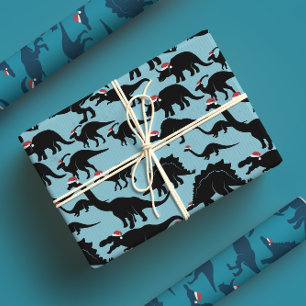 Santa Dinos! Fun & Whimsical Blue Dinosaur Xmas Wrapping Paper Sheet