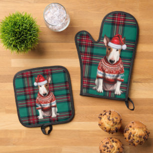 Santa Dog Bull Terrier Holiday Plaid Christmas Oven Mitt & Pot Holder Set