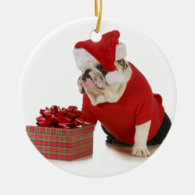 Santa Dog - English Bulldog Dressed Like Santa Metal Tree Decoration (Front)