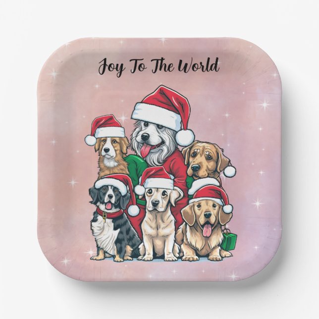 Santa Dogs Joy To The World Christmas Paper Plate (Front)