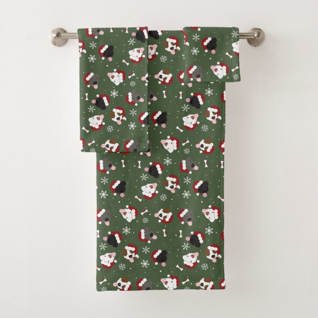 Santa Dogs on Green Bath Towel Set (Insitu)