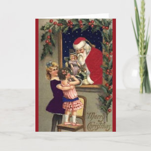 Santa Doll and Girls Vintage Christmas Card