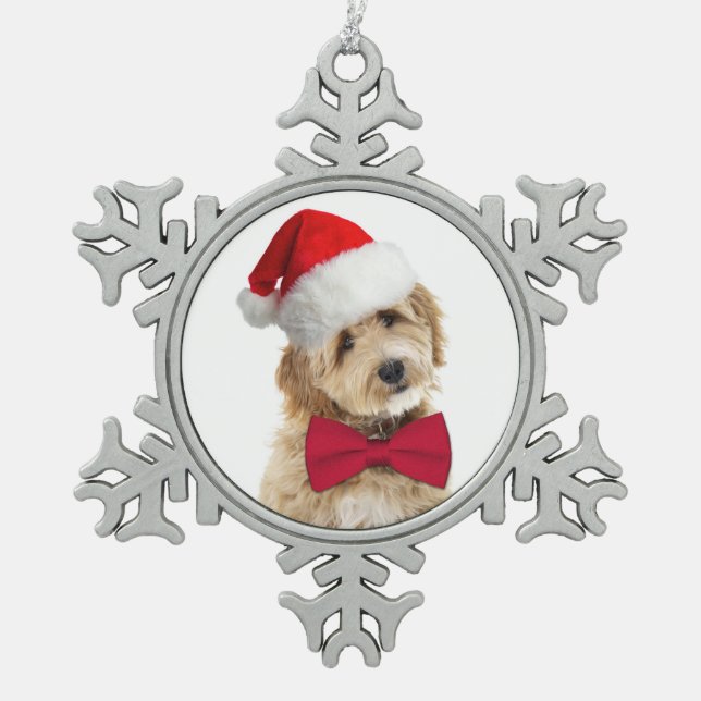 Santa Doodle Dog Snowflake Pewter Christmas Ornament (Front)