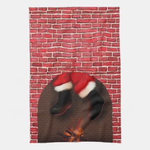 Santa down the chimney   tea towel