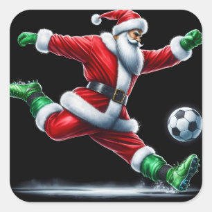 Santa Dressed in Red Kicks a Soccer Ball Joyfully Square Sticker