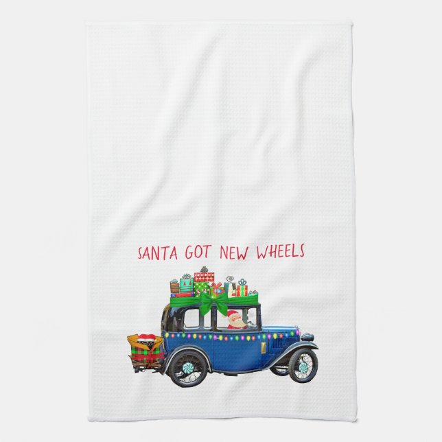 Santa Driving a Car Tea Towel (Vertical)