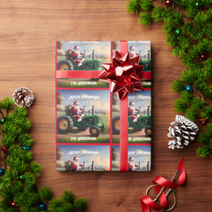 Santa Driving a Green Tractor Wrapping Paper