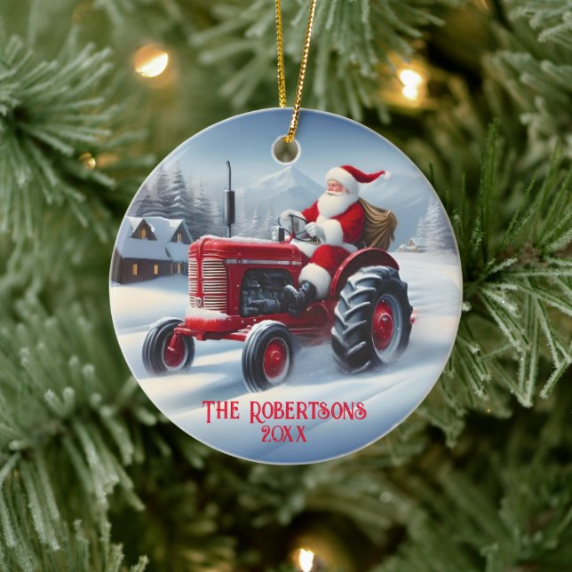 Santa Driving a Red Tractor Ceramic Tree Decoration (Tree)