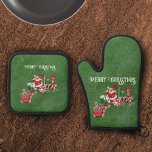 Santa Driving Festive Christmas Train Dark Green Oven Mitt & Pot Holder Set<br><div class="desc">These oven pot holders and mitts are dark green with Santa Claus driving a festive red and white train with peppermint candy wheels with candy canes and letters to Santa.  Customise the Merry Christmas text with the template.</div>