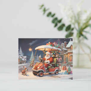 Santa driving golf cart gingerbread houses  postcard