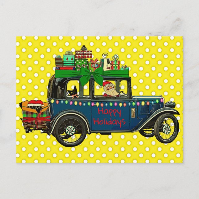 Santa Driving with Cats Happy Holidays Postcard (Front)