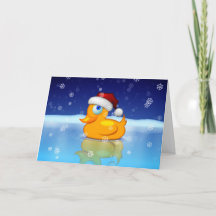 Santa Duck In Icy Pond In Winter Night