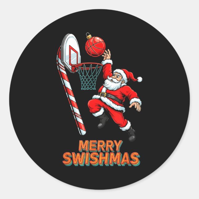 Santa Dunking Merry Swishmas Basketball Christmas  Classic Round Sticker (Front)