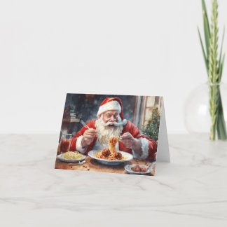 Santa eating Italian food-spaghetti & meatballs Holiday Card