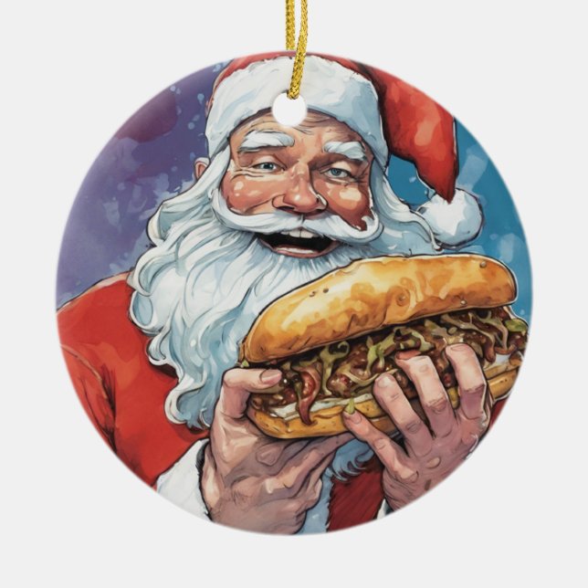  Santa eating Philly cheesesteak Ceramic Tree Decoration (Front)