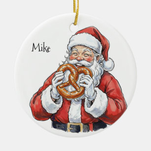 Santa eating Philly Soft Pretzel Ceramic Ornament