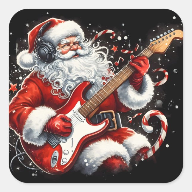 Santa Electrifies Holidays With Rock Music Square Sticker (Front)