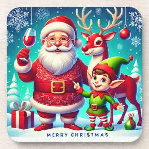 Santa, Elf, and Reindeer in a Festive Christmas Coaster