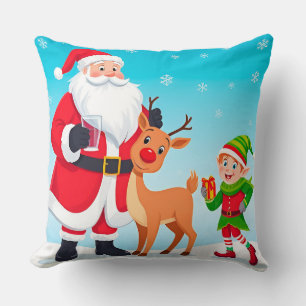 Santa, Elf, and Reindeer in a Festive Christmas Cushion