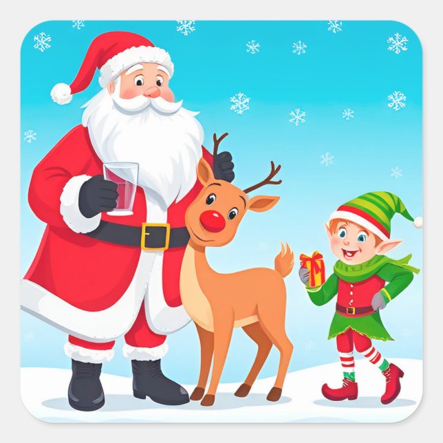 Santa, Elf, and Reindeer in a Festive Christmas Square Sticker (Front)