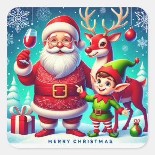 Santa, Elf, and Reindeer in a Festive Christmas Square Sticker