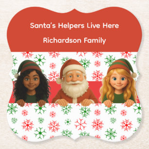 Santa & Elf Faces North Pole Fun Christmas Paper Coaster