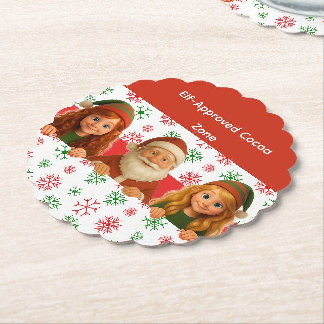 Santa & Elf Faces | North Pole Fun Christmas Paper Coaster (Angled)