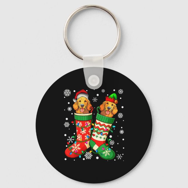 Santa Elf Golden Retriever Dog In Christmas Socks  Key Ring (Front)