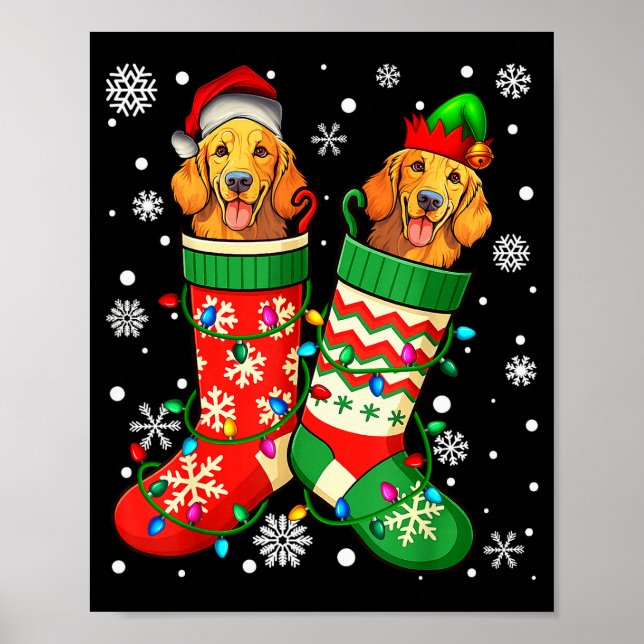 Santa Elf Golden Retriever Dog In Christmas Socks  Poster (Front)