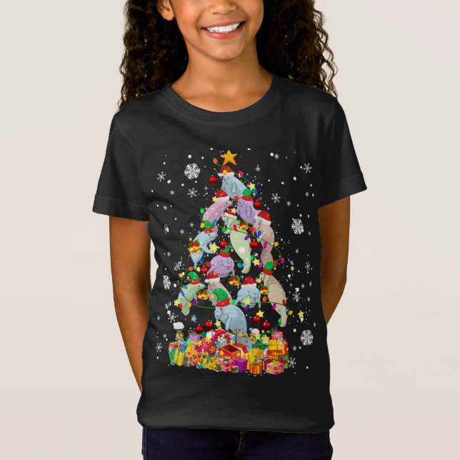 Santa ELF Manatee Christmas Tree Xmas Lights Manat T-Shirt (Front)