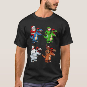 Santa Elf Reindeer Snowman Riding Dinosaur Christm T-Shirt