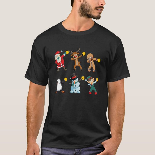 Santa Elf Snowman Reindeer Dabbing Holding Bitcoin T-Shirt (Front)
