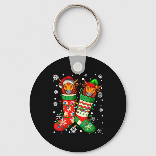 Santa Elf Yak Animal In Christmas Socks Men Women  Key Ring (Front)