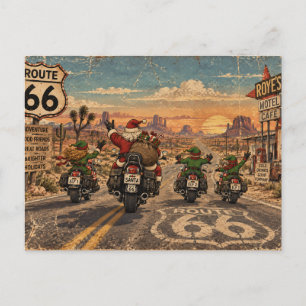 Santa & Elves Riding Route 66 – Vintage Christmas Postcard