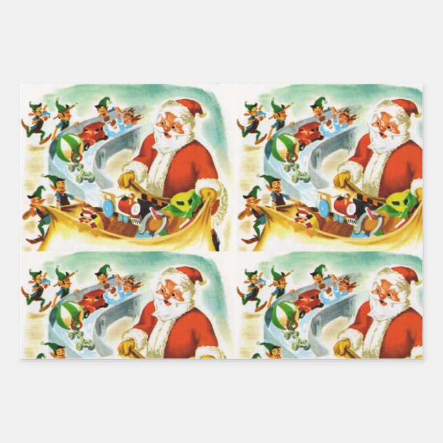 Santa & Elves Vintage Illustration 1940s Wrapping Paper Sheet (Front)