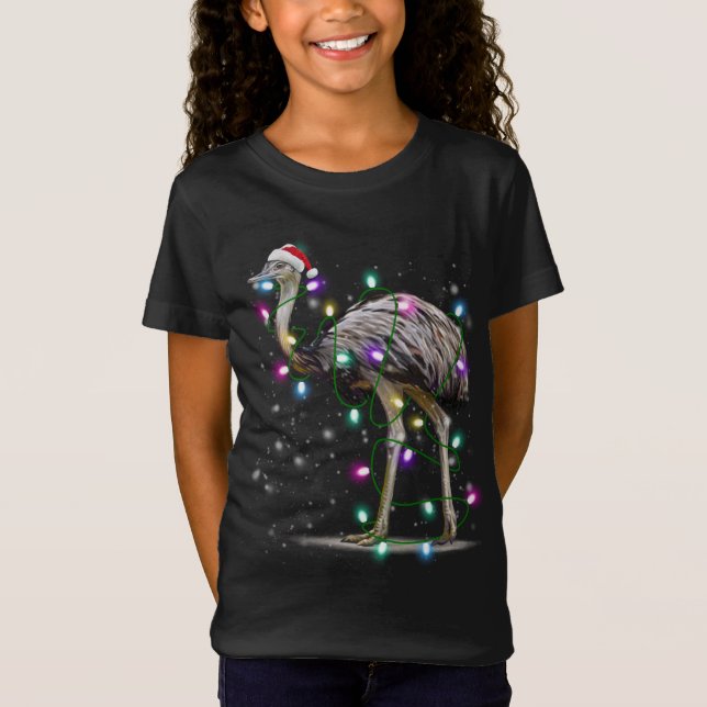 Santa Emu Bird with Christmas lights Gift Funny Xm T-Shirt (Front)