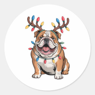 Santa English Bulldog Reindeer Light Christmas  Classic Round Sticker