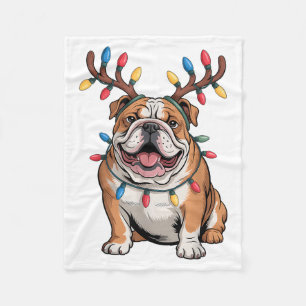 Santa English Bulldog Reindeer Light Christmas  Fleece Blanket