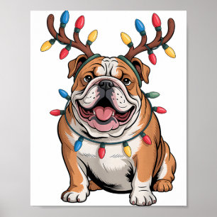 Santa English Bulldog Reindeer Light Christmas  Poster
