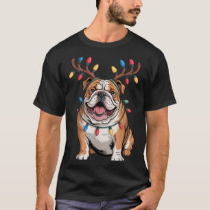 Santa English Bulldog Reindeer Light Christmas  T-Shirt