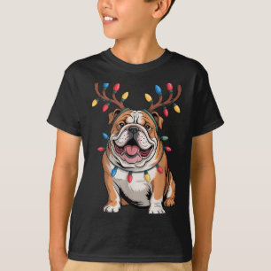 Santa English Bulldog Reindeer Light Christmas  T-Shirt